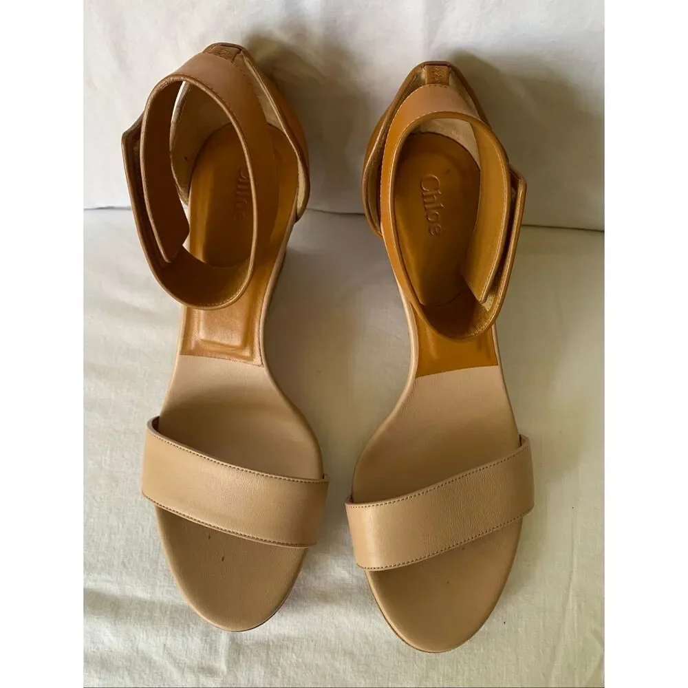 Chloe Gala tan Strappy Ankle Wedge Leather SANDALS Shoes sz 37.5